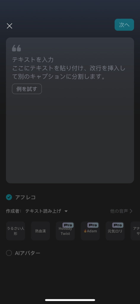 自動字幕・音声エフェクト画面